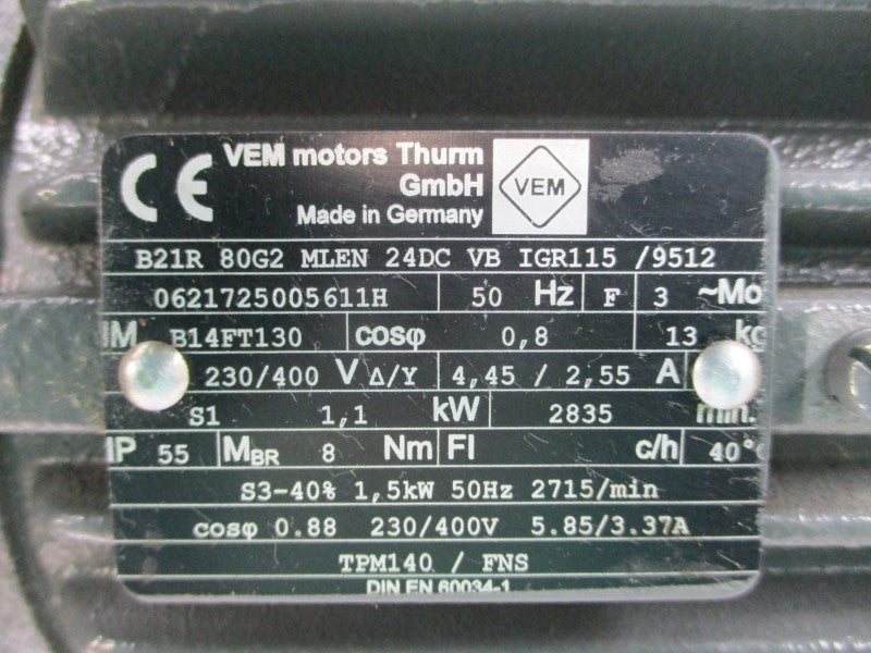 VEM MOTORS B21R80G2MLEN BFK458-08N 230/400V 4.45/2.55A NSNP