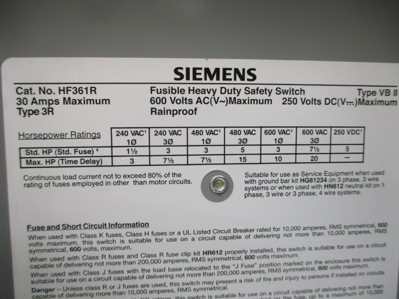SIEMENS HF361R 600VAC 30A NSMP