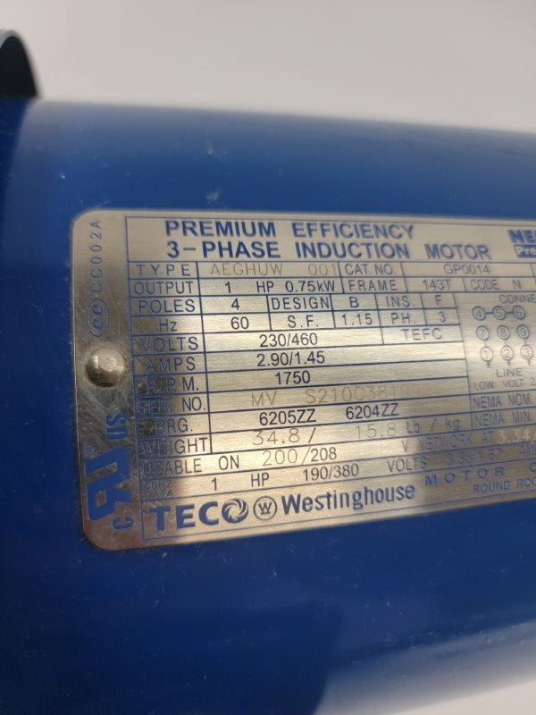 TECO WESTINGHOUSE AEGHUW001 GP0014 230/460V 2.90/1.45A NSNP
