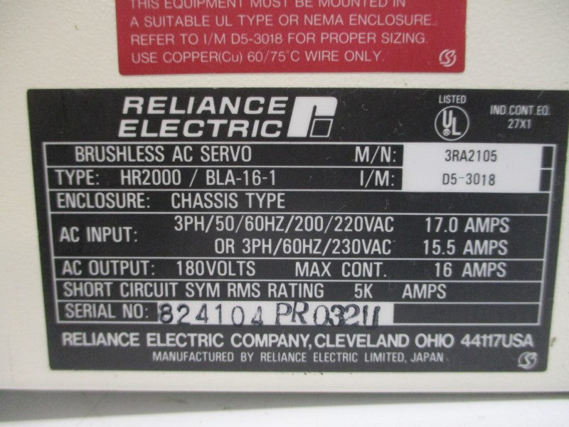 RELIANCE ELECTRIC HR2000/BLA-16-1 200/230VAC 17.0/15.5A UNMP