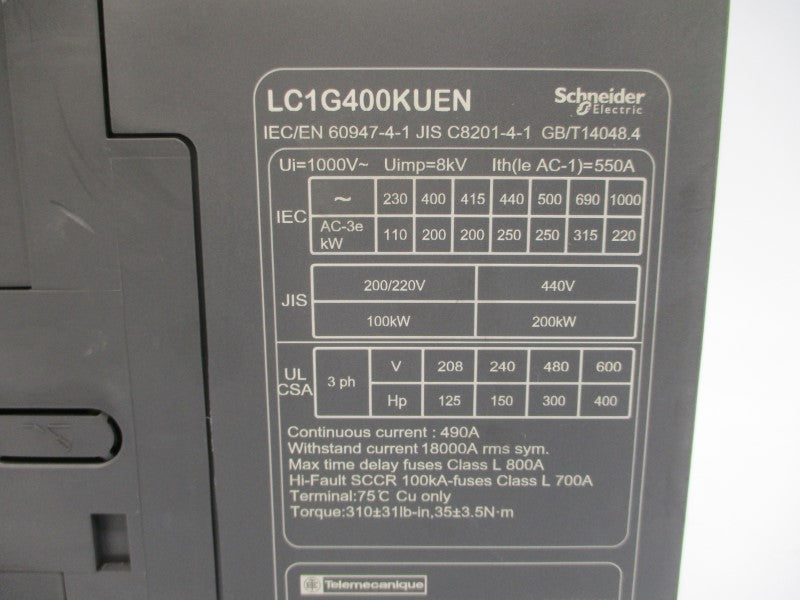 SCHNEIDER ELECTRIC LC1G400KUEN 440VAC 550A NSNP