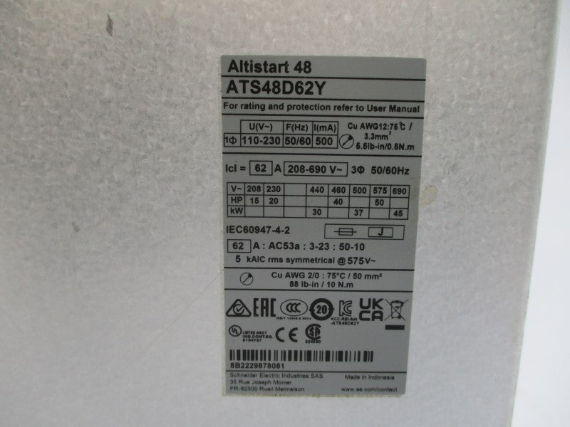 SCHNEIDER ELECTRIC ATS48D62Y 208-690V 62A NSNP