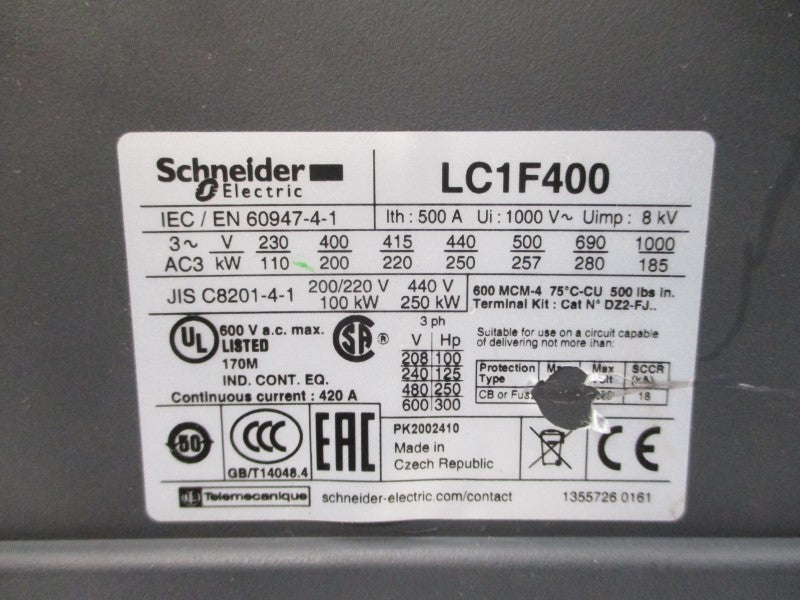 SCHNEIDER ELECTRIC LC1F400 600VAC 420A NSNP