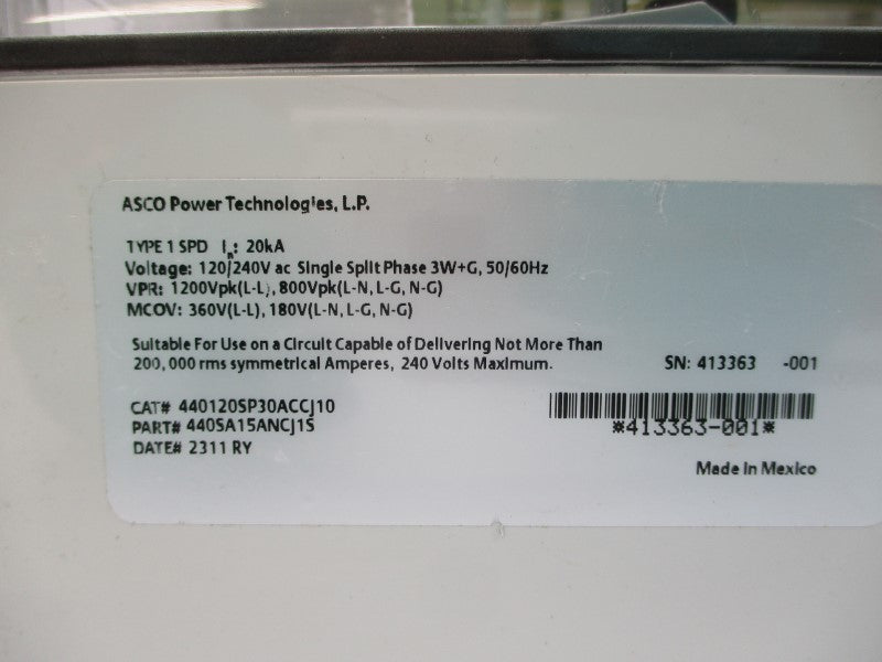 ASCO POWER TECHNOLOGIES 440SA15ANCJ1S 440120SP30ACCJ10 120/240VAC NSNP