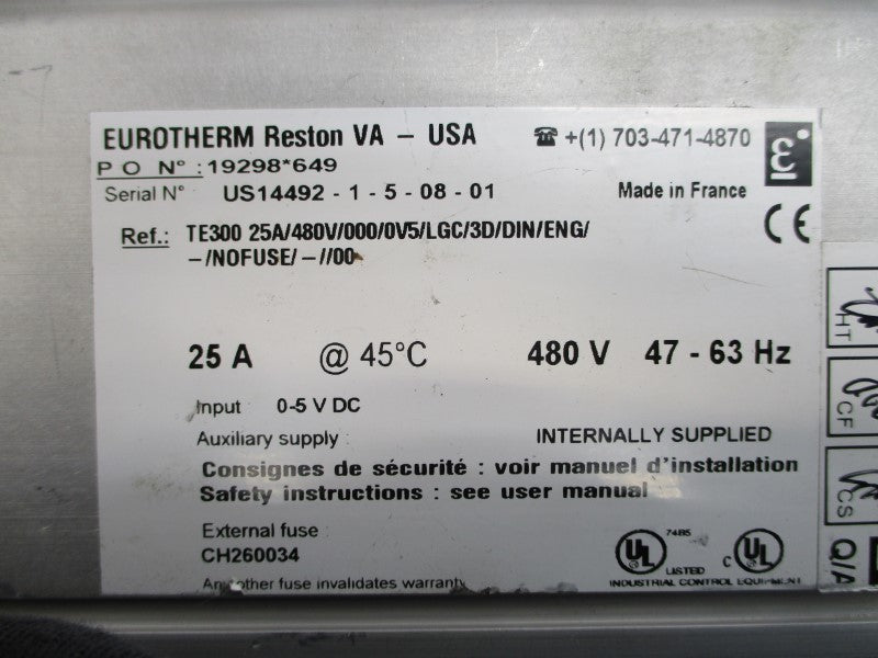 EUROTHERM TE30025A/480V/000/0V5/LGC/3D/DIN/ENG/-/NOFUSE/-//00 UNMP