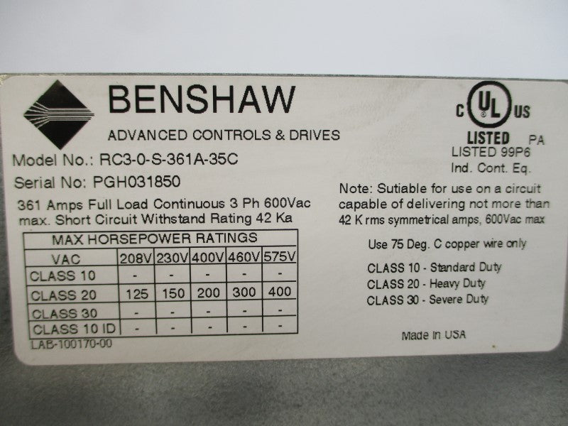 BENSHAW RC3-0-S-361A-35C 600VAC 361A NSNP