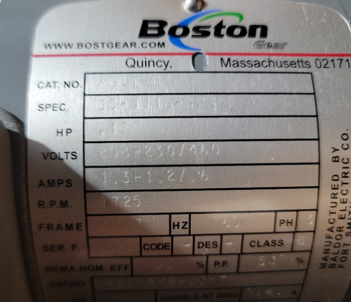 BOSTON GEAR 33-1116-423 ACUT-B 208-230/460V 1.3-1.2/.6A NSMP