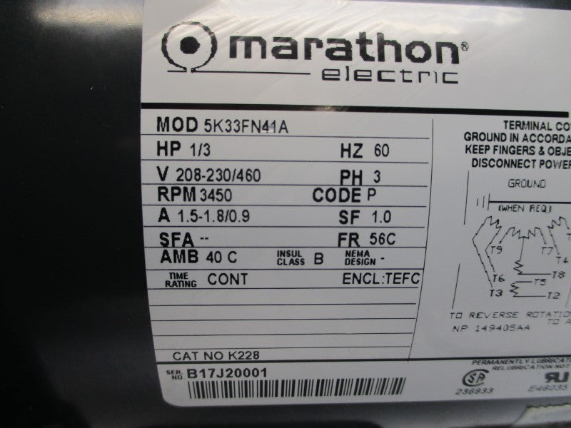 MARATHON ELECTRIC 5K33FN41A K228 208-230/460V 1.5-1.8/0.9A NSMP