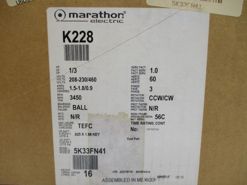 MARATHON ELECTRIC 5K33FN41A K228 208-230/460V 1.5-1.8/0.9A NSMP