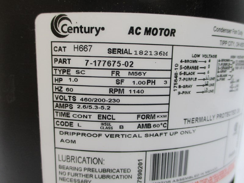 CENTURY 7-177675-02 H667 460/200-230VAC 2.6/5.3-5.2A NSMP