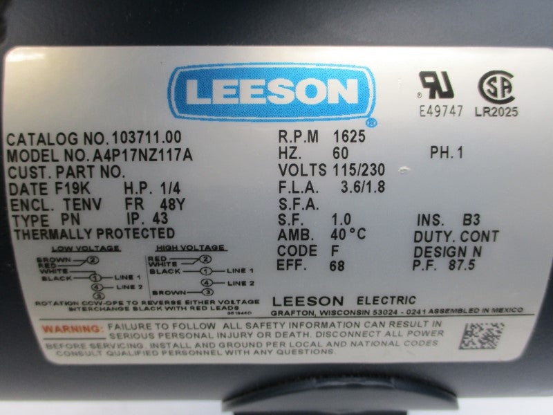 LEESON 103711.00 A4P17NZ117A 115/230V 3.6/1.8A NSMP