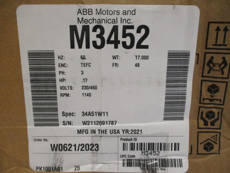 BALDOR M3452 34A51W11 230/460V 1.1/.55A NSMP