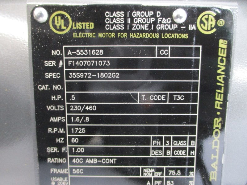 BALDOR A-5531628 35S972-1802G2 106532105QB 230/460V 1.6/.8A NSMP