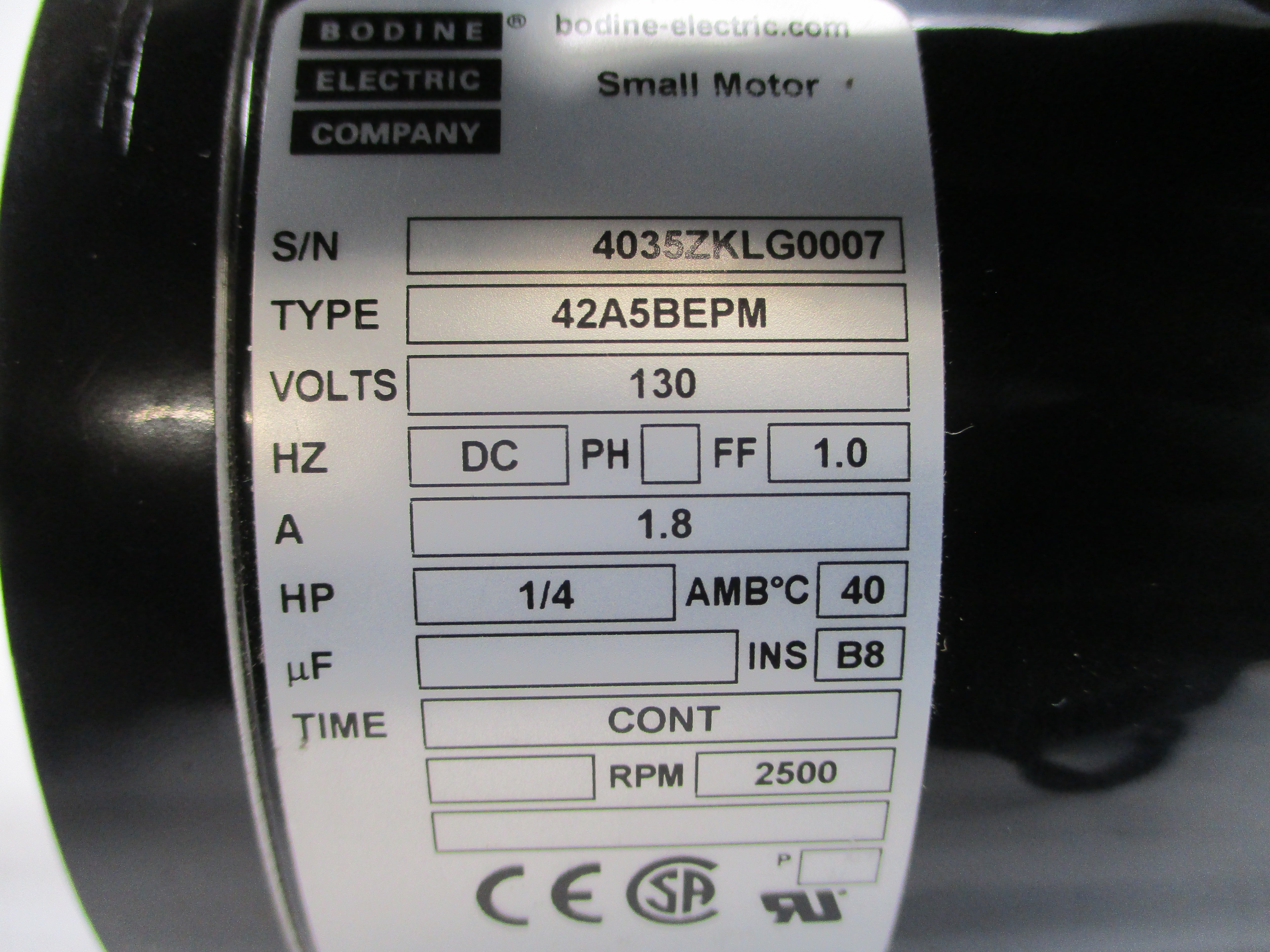 BODINE ELECTRIC 4035ZK 42A5BEPM 130VDC 1.8A NSMP