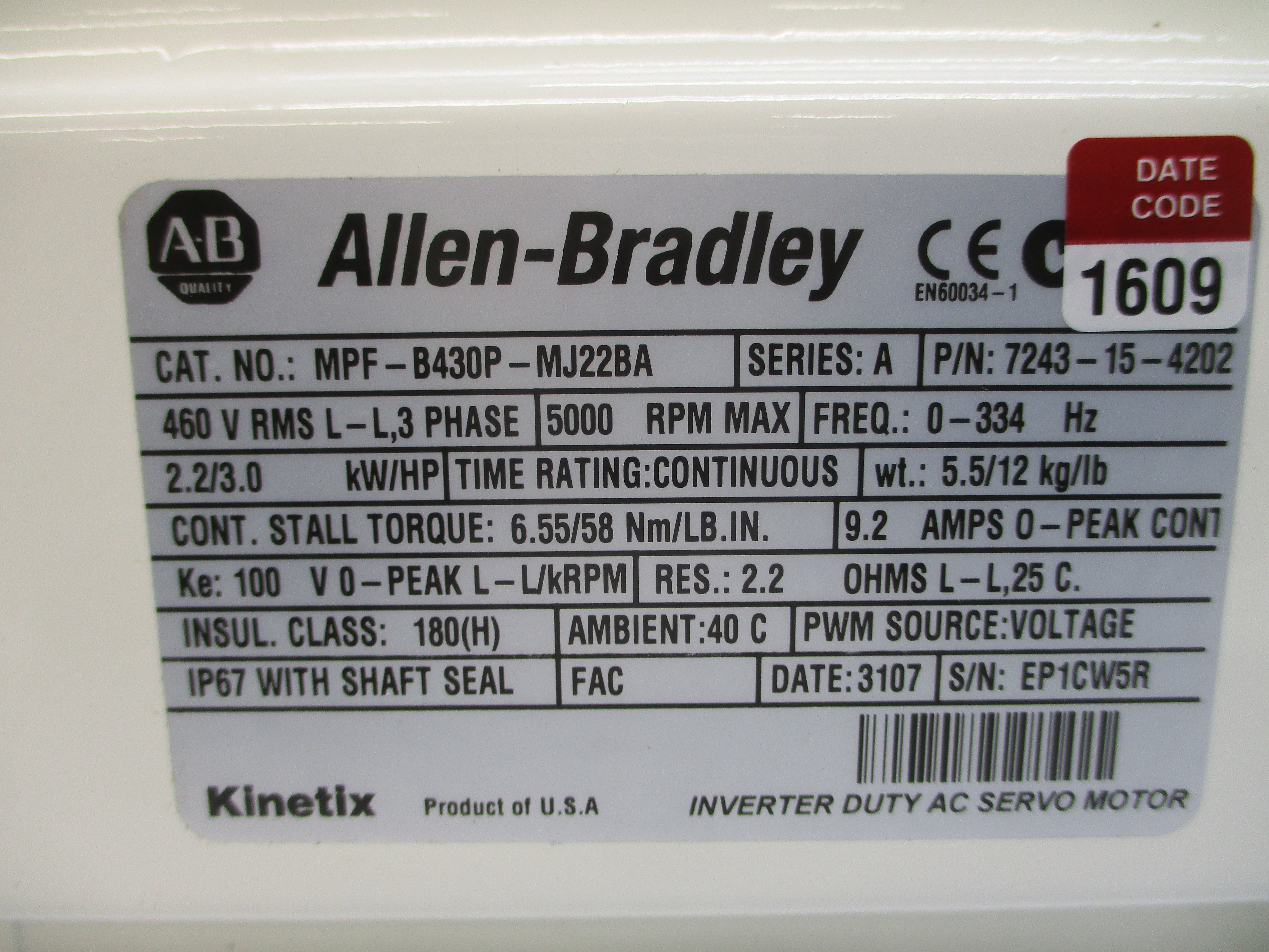 ALLEN BRADLEY MPF-B430P-MJ22BA SER. A 460VAC 9.2A REMAN
