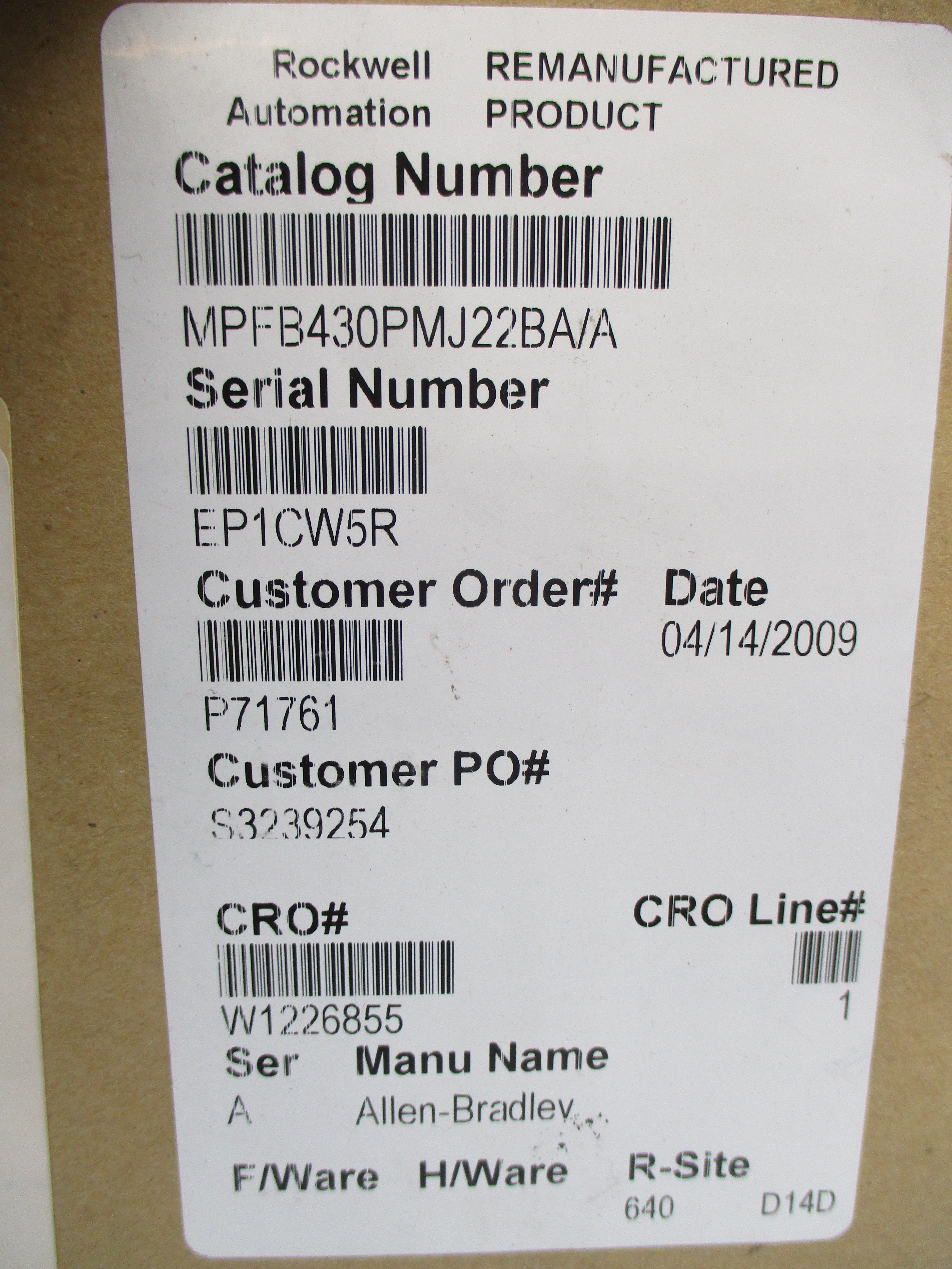 ALLEN BRADLEY MPF-B430P-MJ22BA SER. A 460VAC 9.2A REMAN