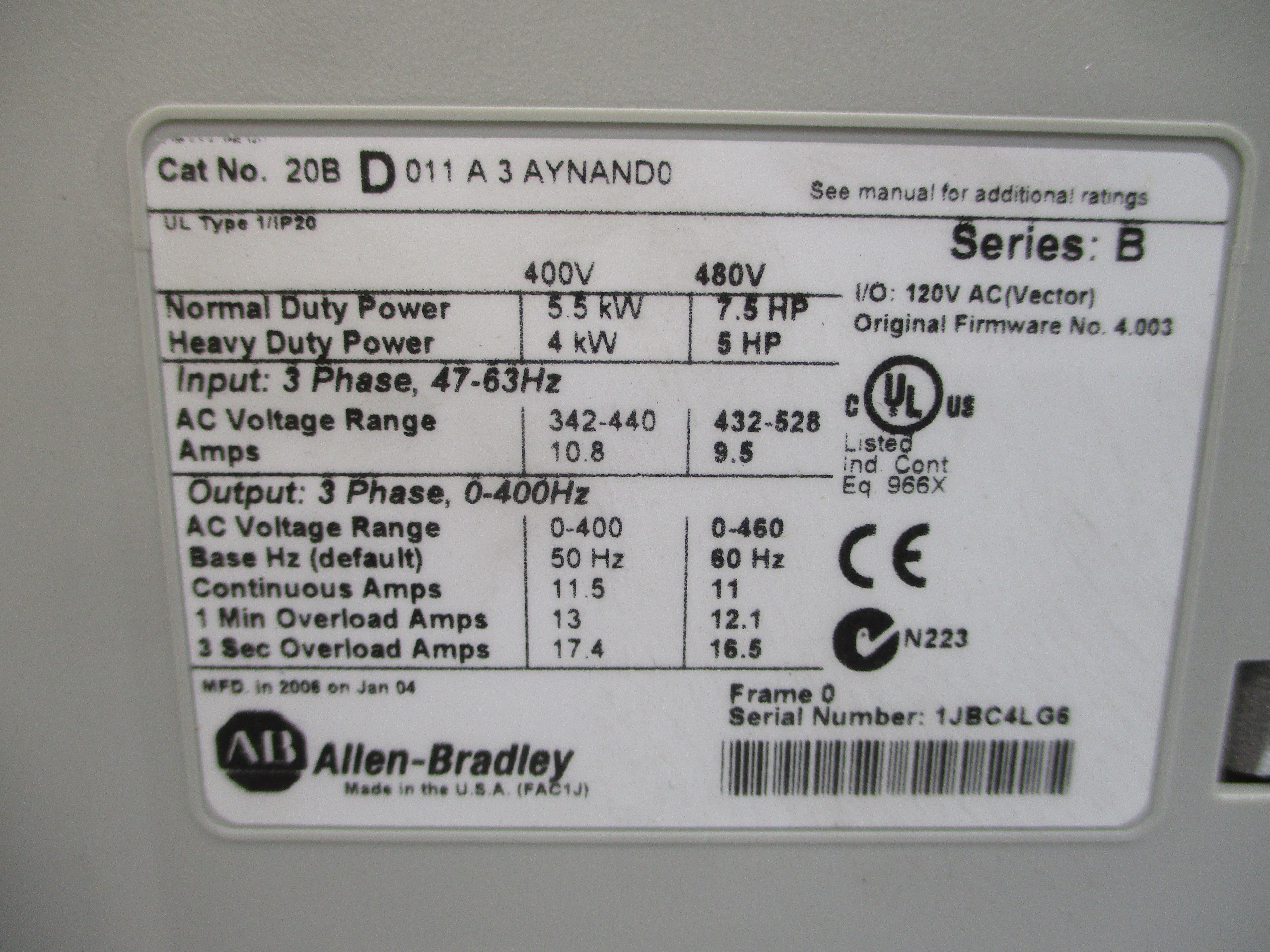 ALLEN BRADLEY 20BD011A3AYNAND0 SER. B F/W 4.003 480VAC 9.5A NSMP