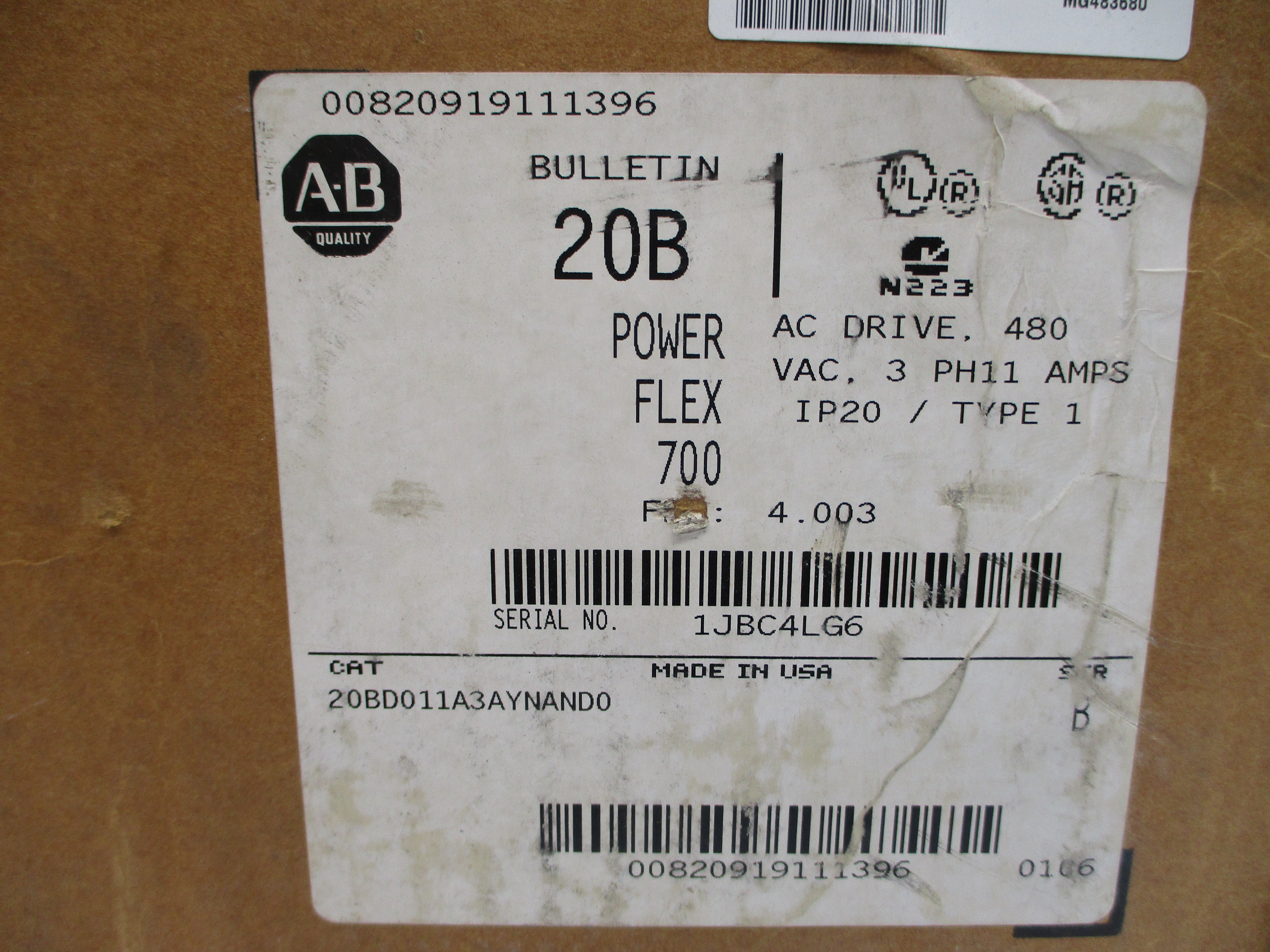ALLEN BRADLEY 20BD011A3AYNAND0 SER. B F/W 4.003 480VAC 9.5A NSMP
