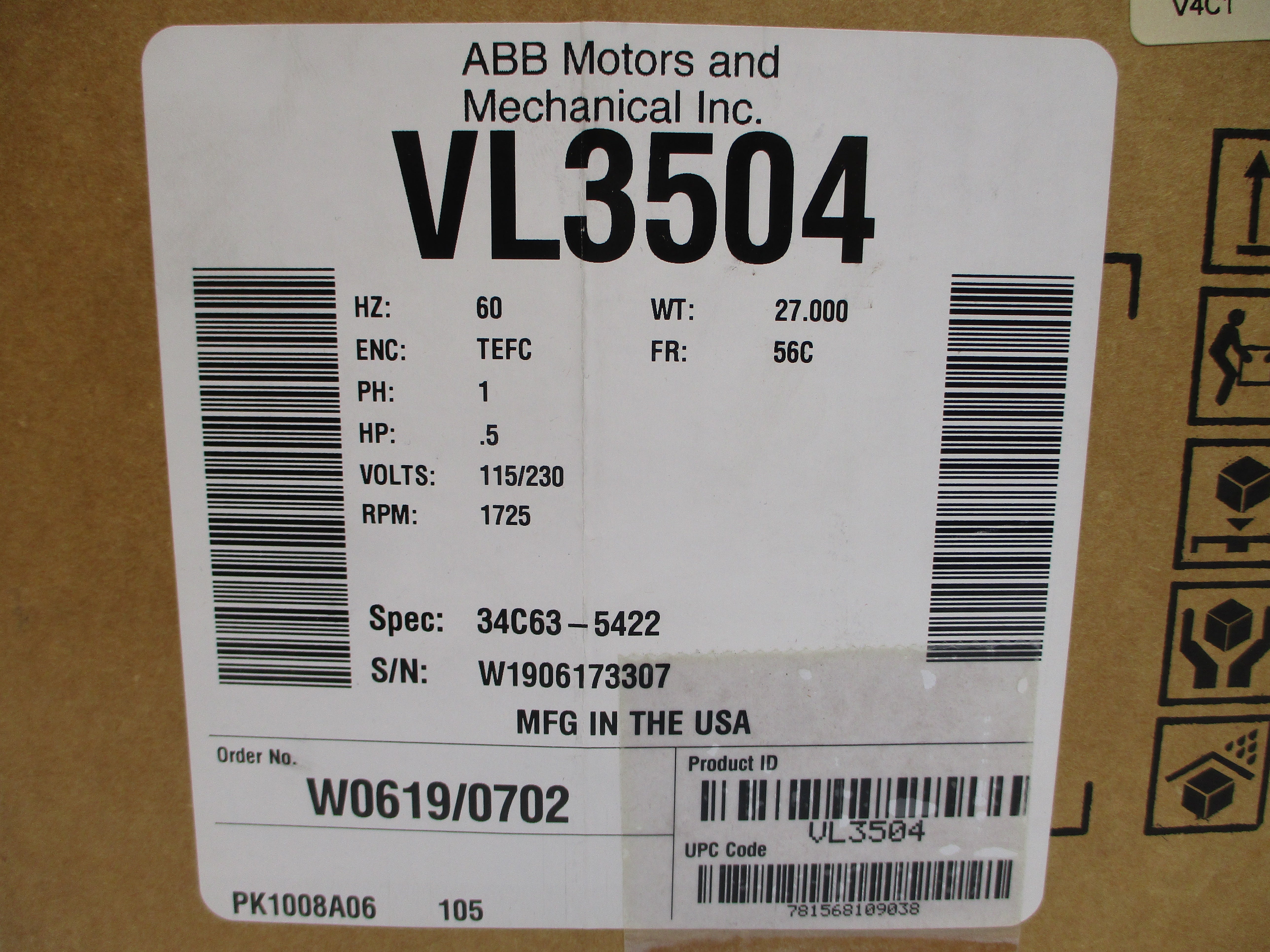 BALDOR VL3504 34C63-5422 115/230V 7.4/3.7A NSMP