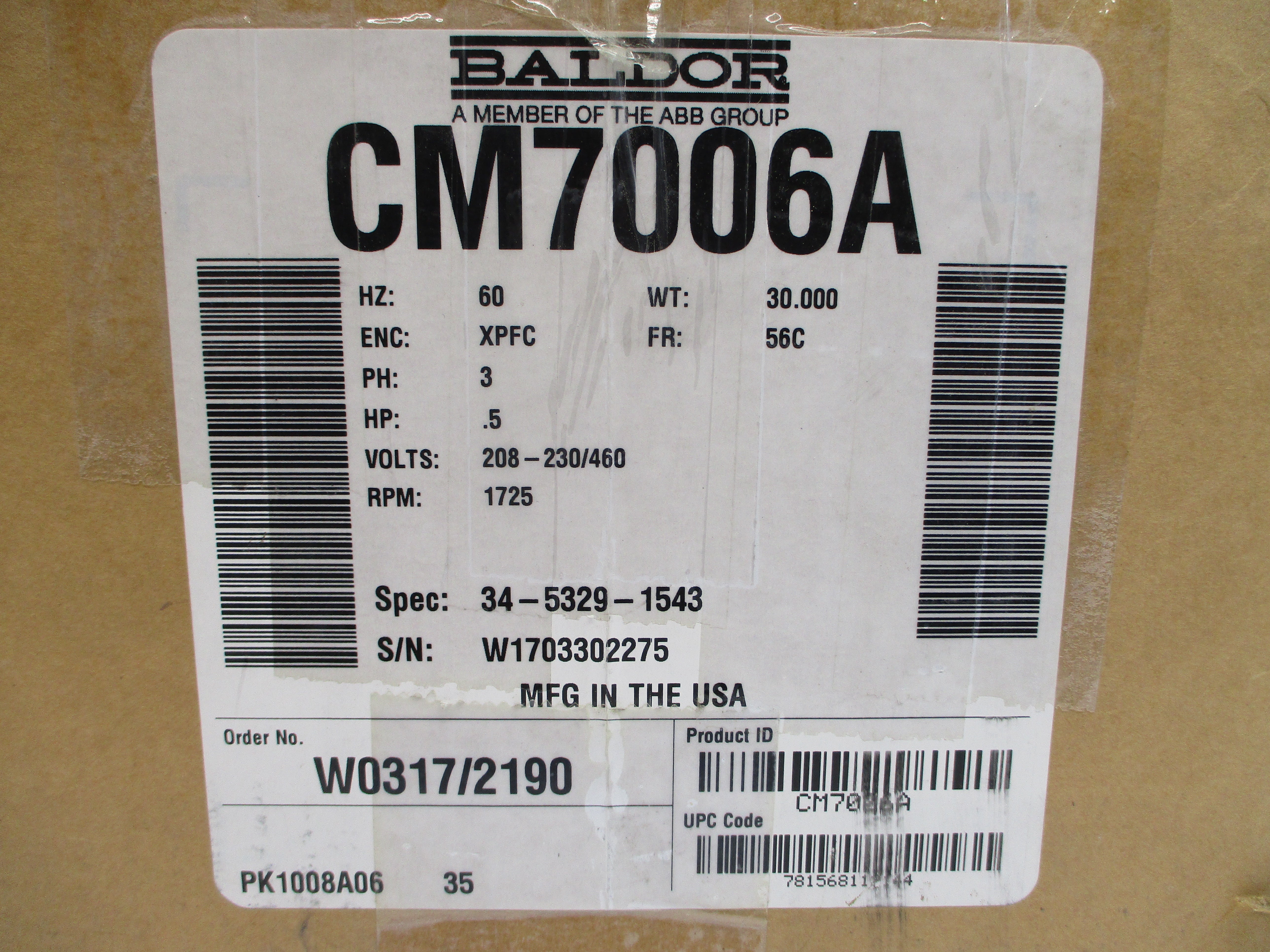 BALDOR CM7006A 34-5329-1543 208-230/460V 2.1-2/1A NSMP