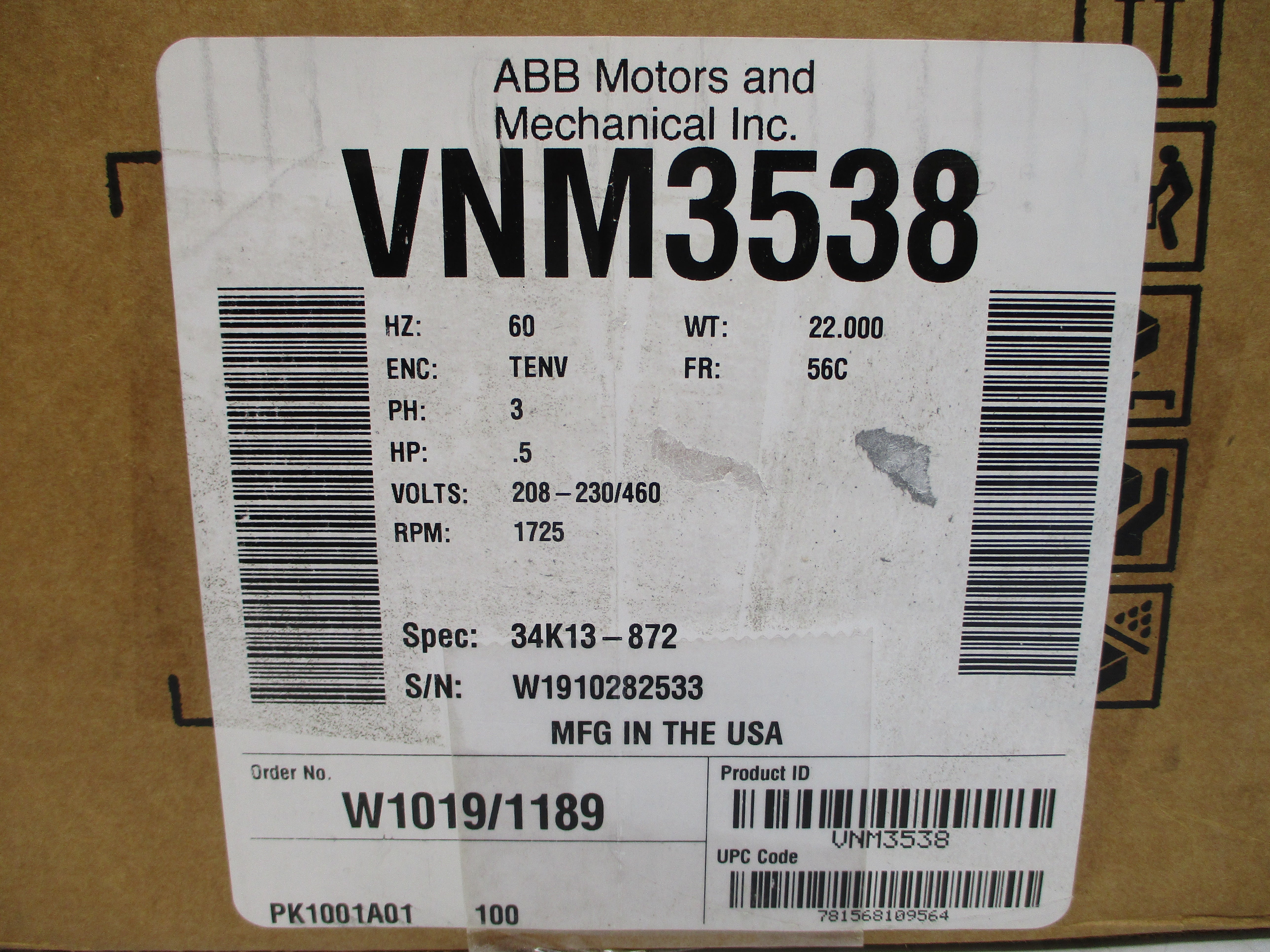 BALDOR VNM3538 34K13-872 208-230/460V 2.1-2/1A NSMP