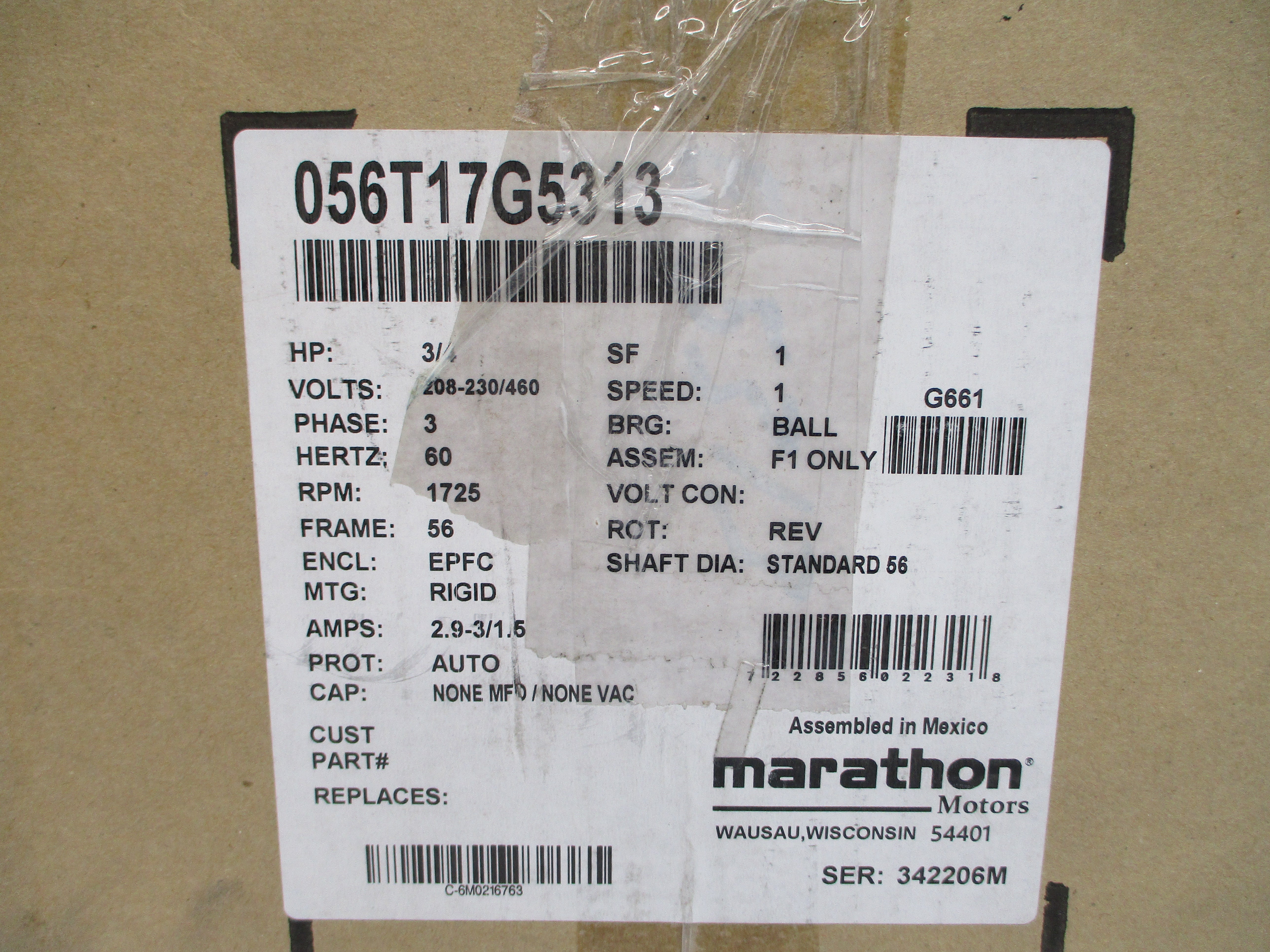 MARATHON MOTORS 056T17G5313 208-230/460V 2.9-3/1.5A NSMP