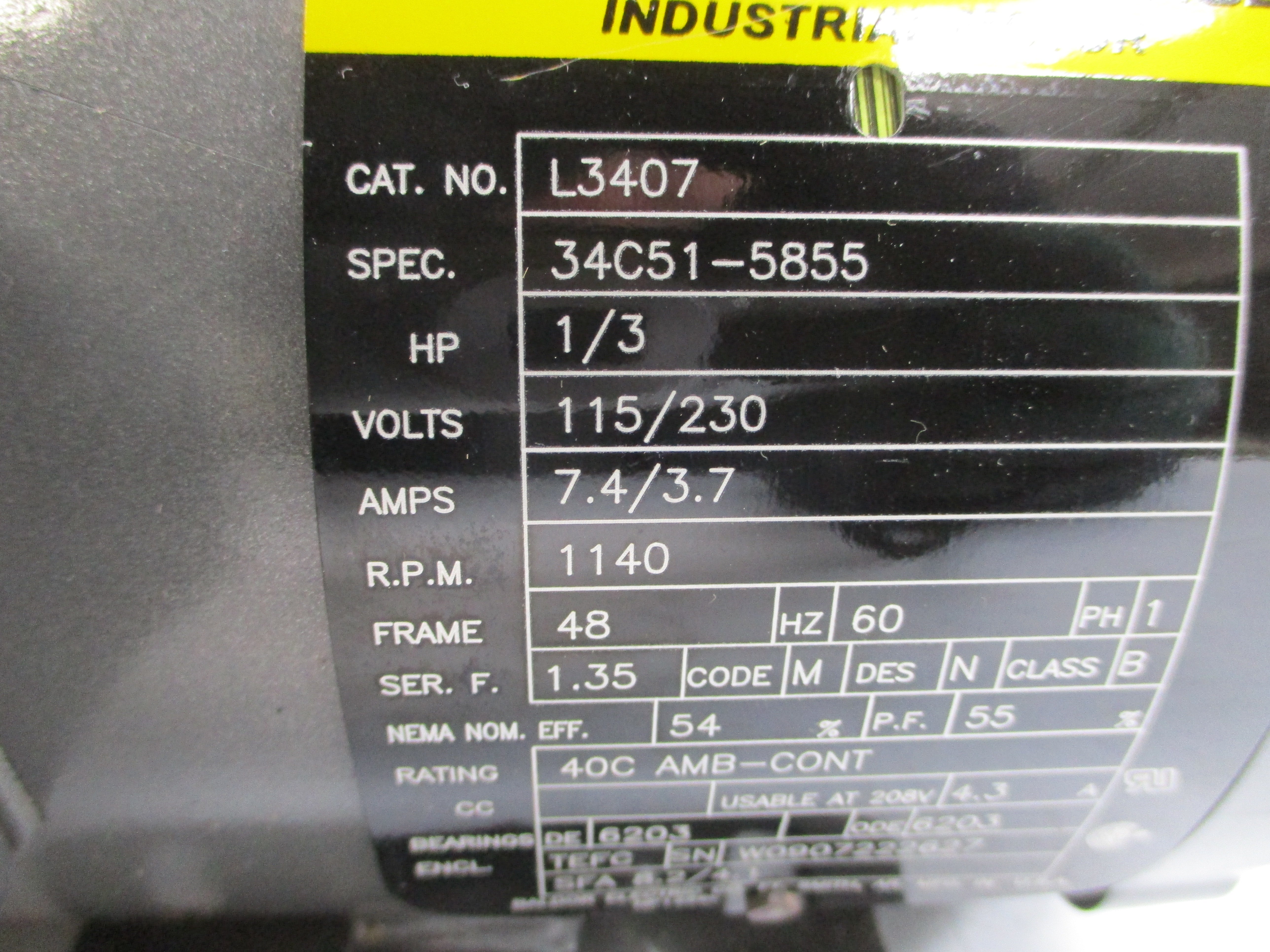 BALDOR L3407 34C51-5855 115/230V 7.4/3.7A NSMP
