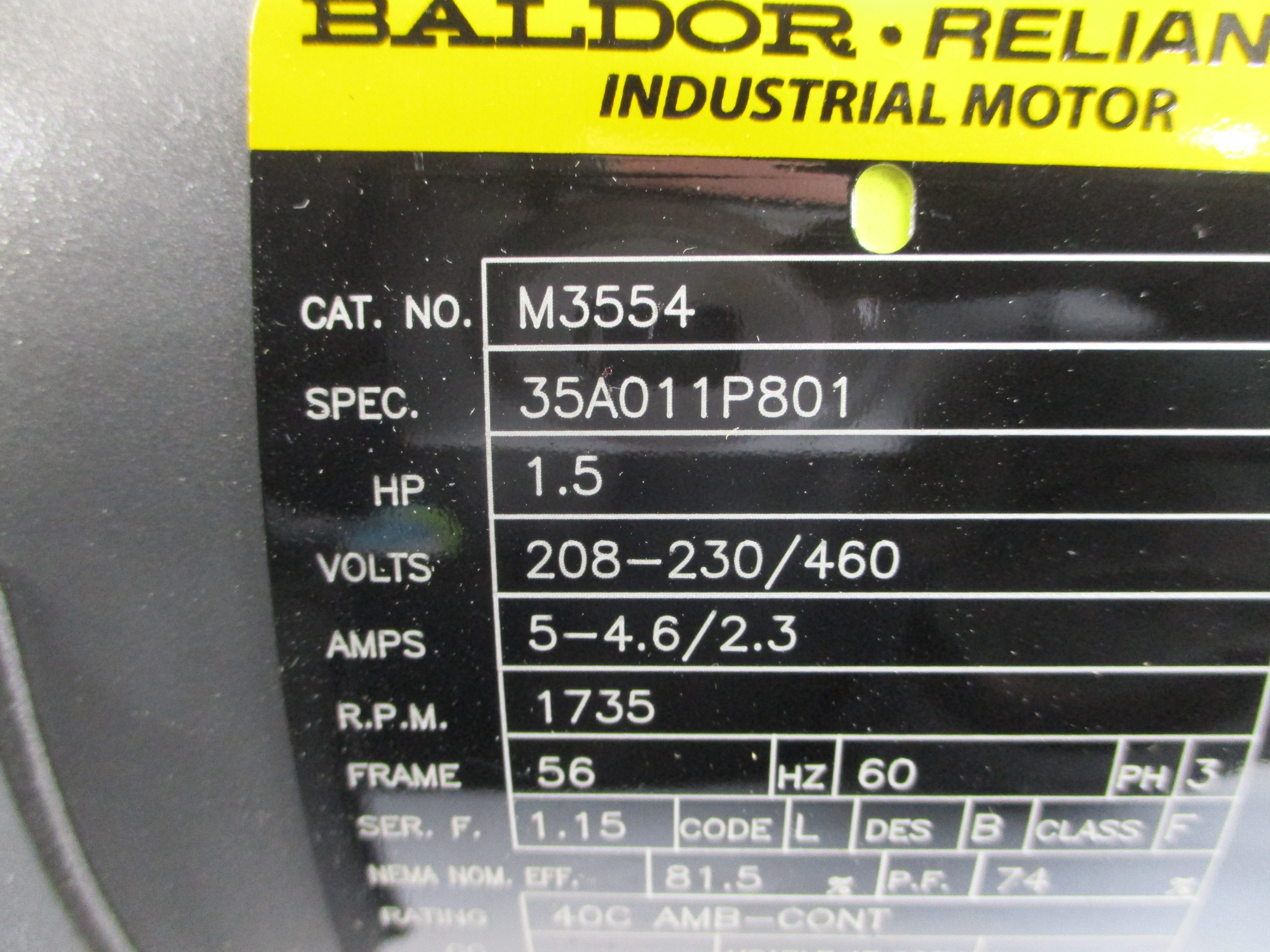 BALDOR M3554 35A011P801 208-230/460V 5-4.6/2.3A NSMP