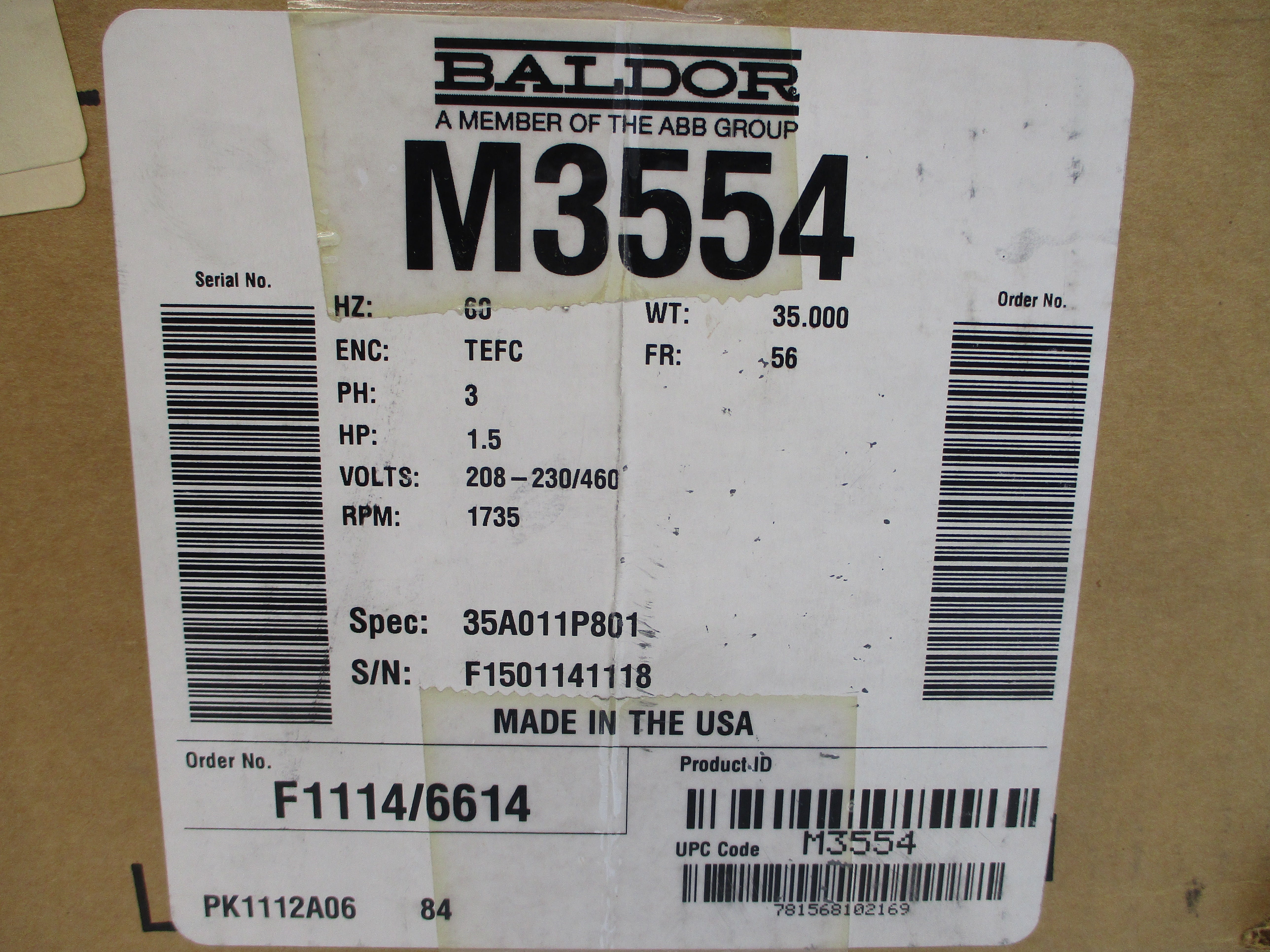 BALDOR M3554 35A011P801 208-230/460V 5-4.6/2.3A NSMP