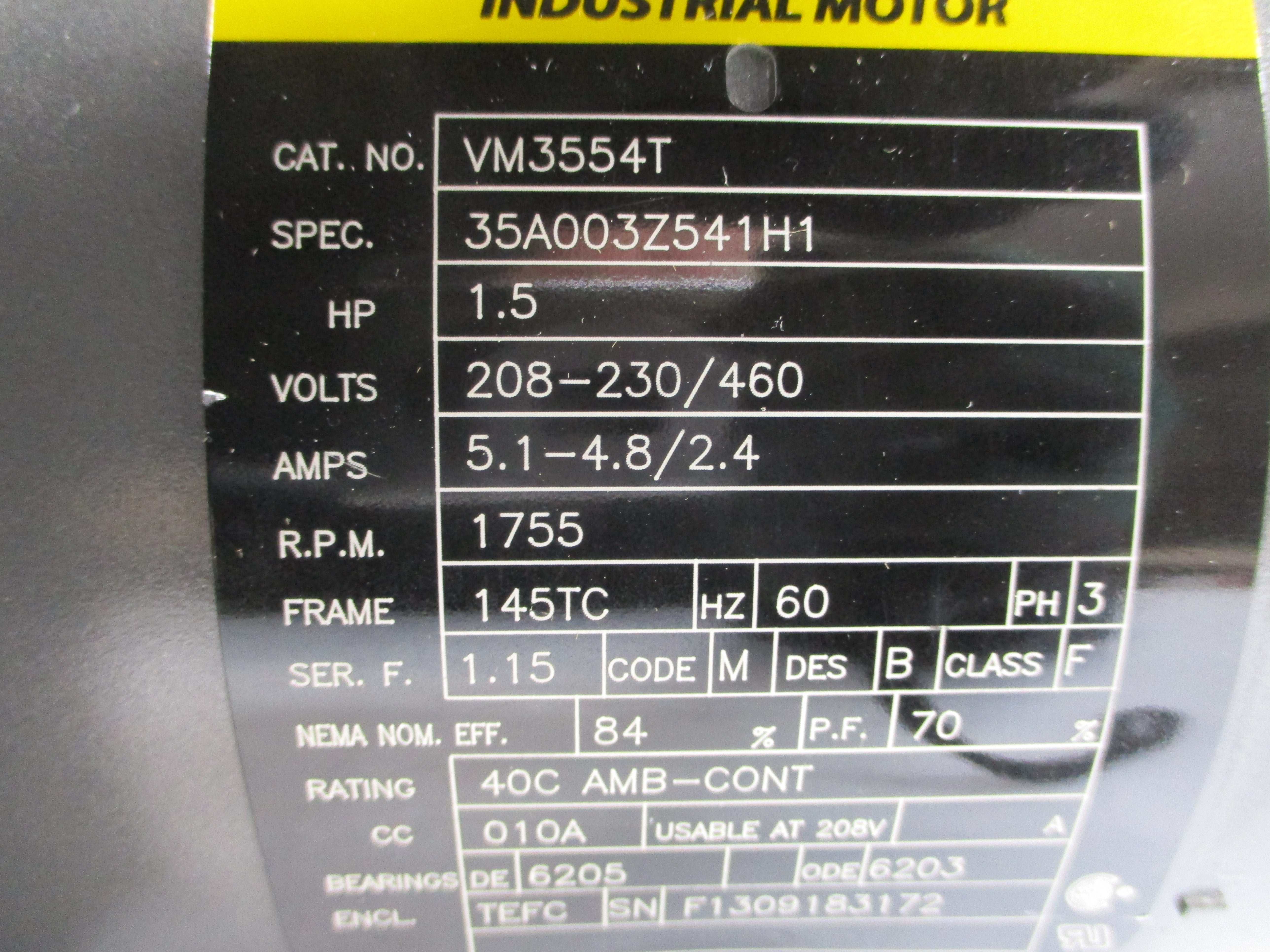 BALDOR VM3554T 35A003Z541H1 208-230/460V 5.1-4.8/2.4A NSMP
