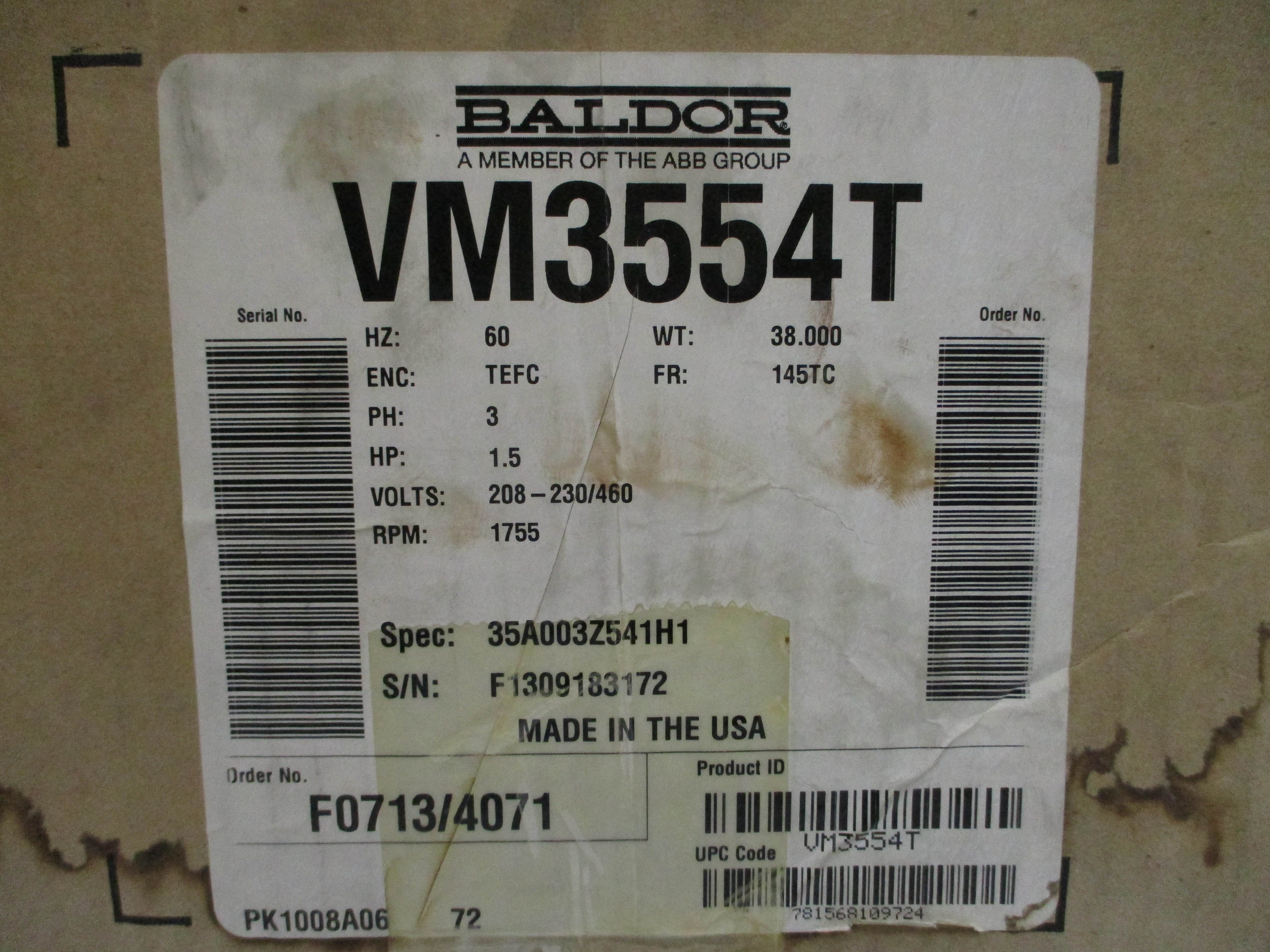 BALDOR VM3554T 35A003Z541H1 208-230/460V 5.1-4.8/2.4A NSMP