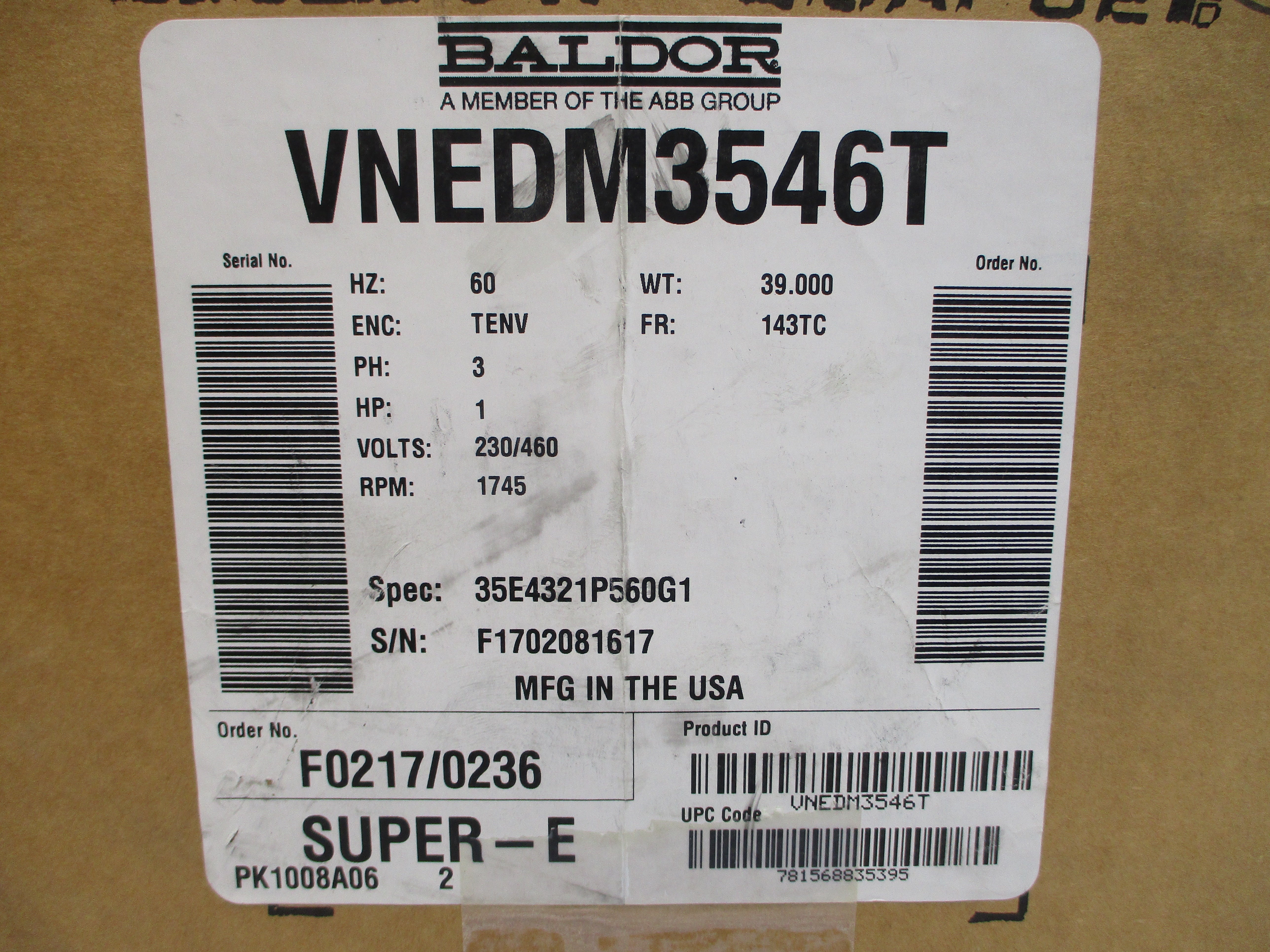 BALDOR VNEDM3546T 35E4321P560G1 230/460V 2.9/1.45A NSMP