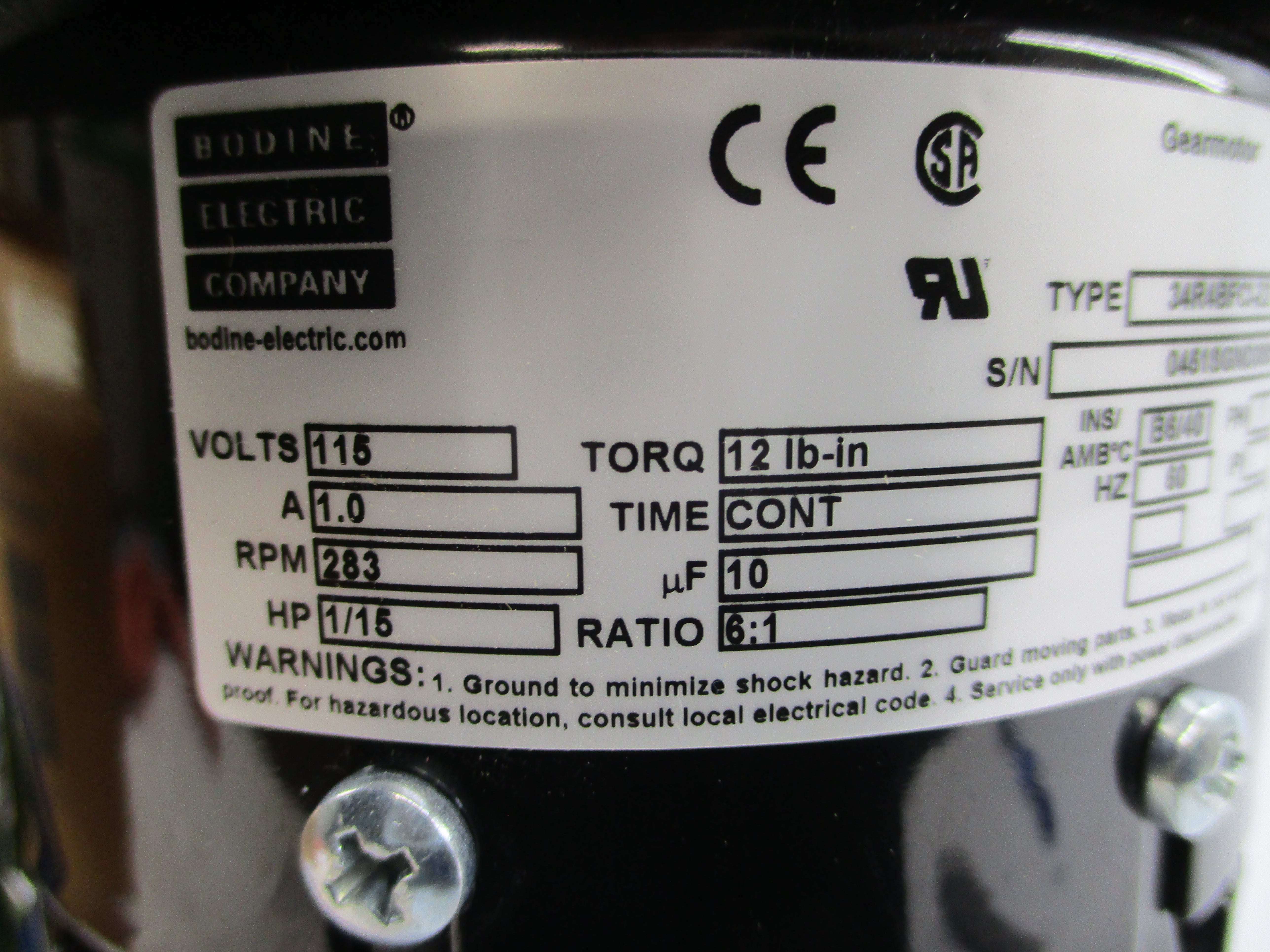 BODINE ELECTRIC 0451SG 34R4BFCI-Z2 115V 1.0A NSMP