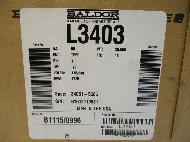 BALDOR L3403 34C51-5506 115/230V 5/2.5A NSMP