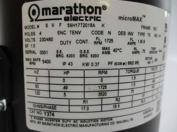 MARATHON ELECTRIC 056H17T2018A Y374 230/460V 1.8/.9A NSMP