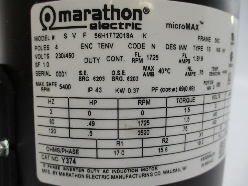 MARATHON ELECTRIC 056H17T2018A Y374 230/460V 1.8/.9A NSMP