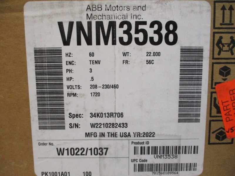 BALDOR VNM3538 34K013R706 208-230/460V 1.7-1.6/.8A NSMP