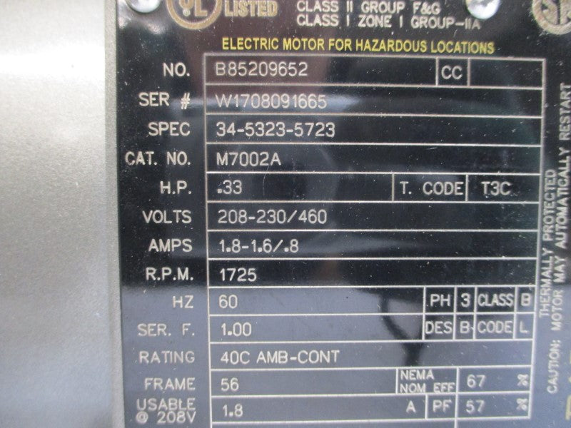 BALDOR M7002A 34-5323-5723 208-230/460V 1.8-1.6/.8A NSMP