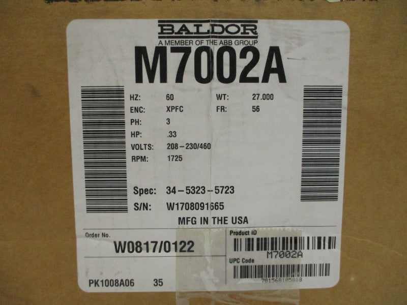 BALDOR M7002A 34-5323-5723 208-230/460V 1.8-1.6/.8A NSMP
