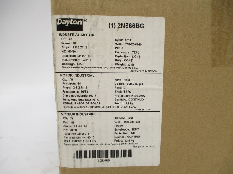 DAYTON 2N866BG 208-230/460V 2.6-2.7/1.3A NSMP