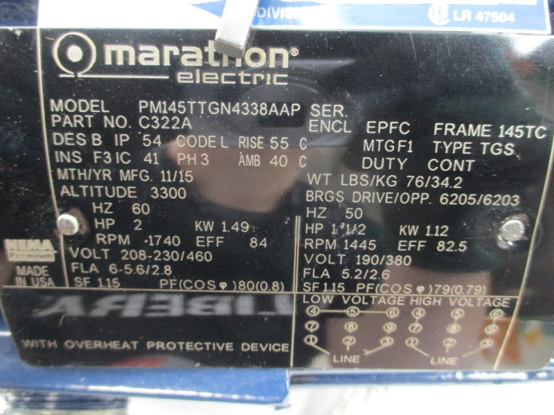 MARATHON ELECTRIC C322A PM145TTGN4338AAP 208-230/460V 6-5.6/2.8A NSNP