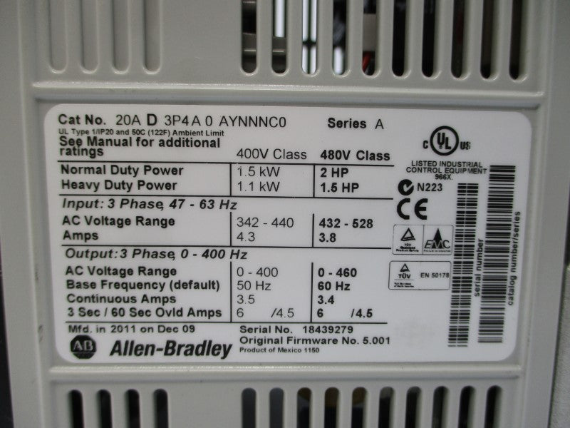 ALLEN BRADLEY 20AD3P4A0AYNNNC0 SER. A 480VAC 3.8A UNMP