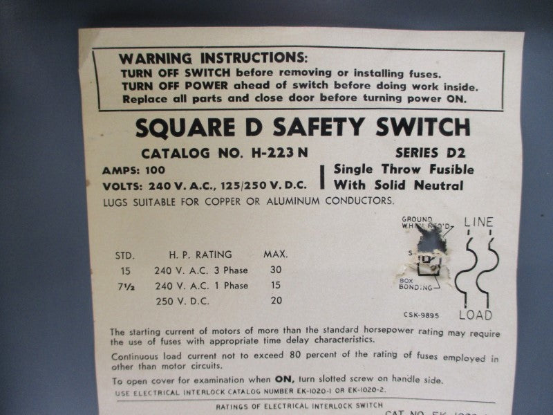 SQUARE D H-223N SER. D2 240VAC 100A UNMP