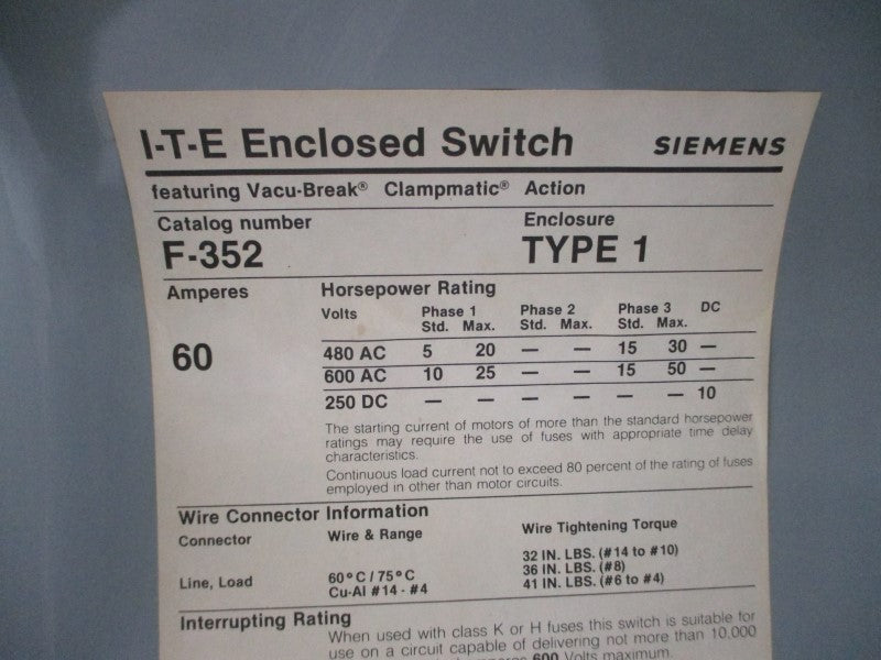 SIEMENS F-352 600VAC 60A UNMP