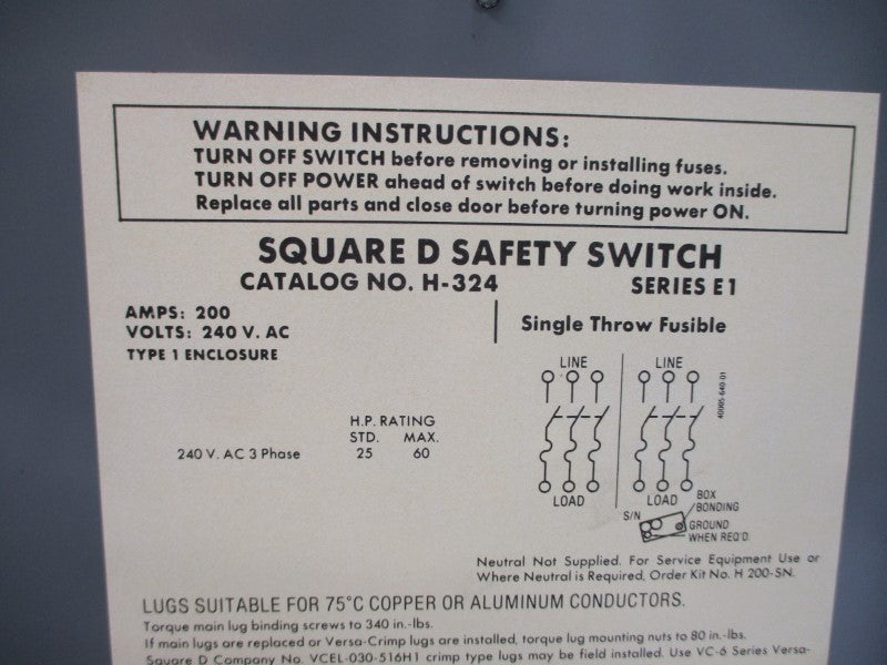 SQUARE D H-324 SER. E1 240VAC 200A NSNP