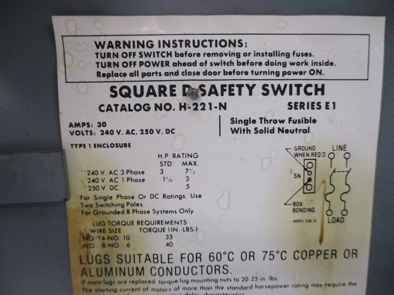 SQUARE D H-221-N SER. E1 240VAC 30A UNMP