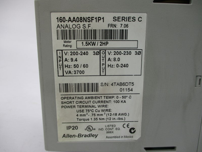 ALLEN BRADLEY 160-AA08NSF1P1 SER. C F/W 7.06 200-240V 9.4A NSMP