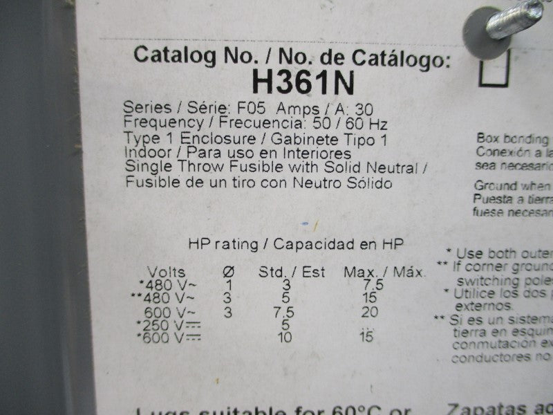 SQUARE D H361N SER. F05 600VAC 30A NSMP