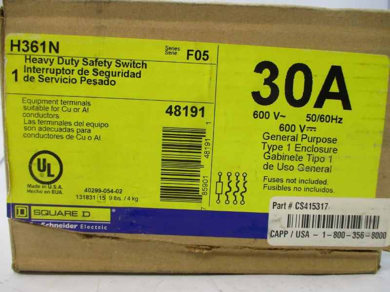SQUARE D H361N SER. F05 600VAC 30A NSMP