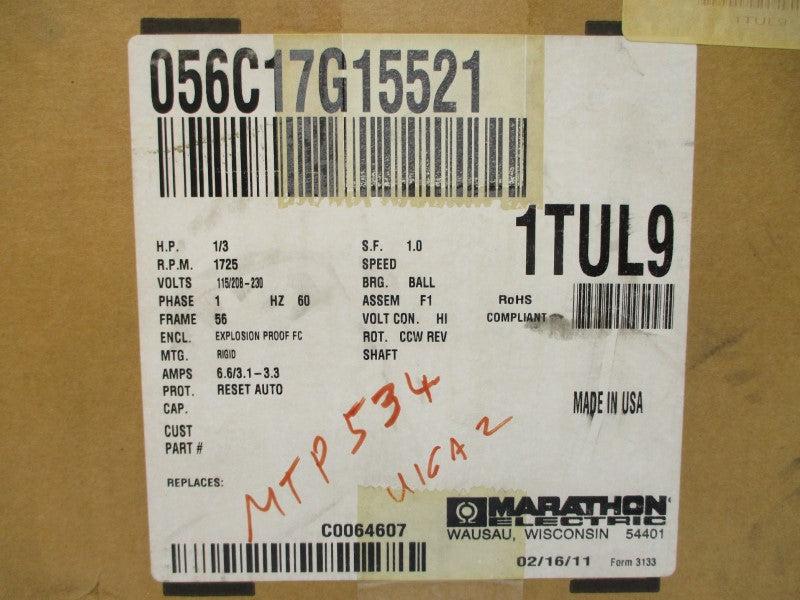 MARATHON ELECTRIC 056C17G15521 1TUL9 115/208-230V 6.6/3.1-3.3A NSMP